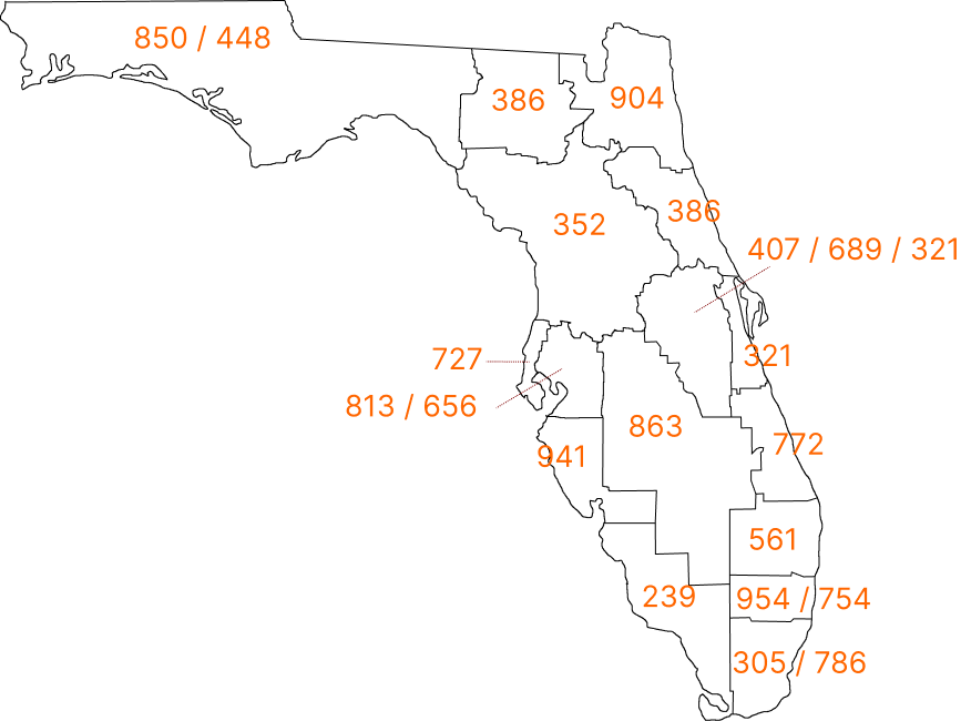 Florida Map of Area Codes