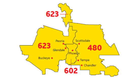 Phoeix Area Codes 623 602 & 480 Map